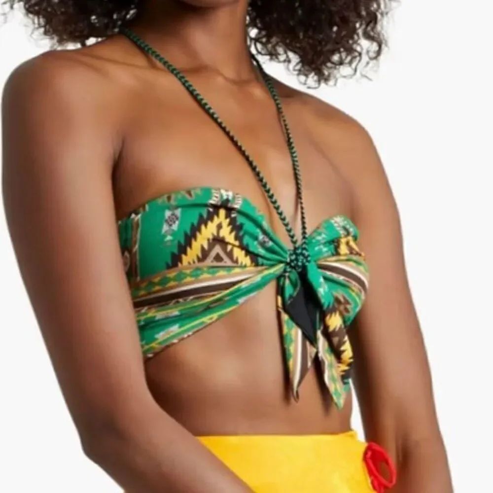 Alice + Olivia Livia Knotted Printed Crepe Halterneck Bra Top Green Size 0